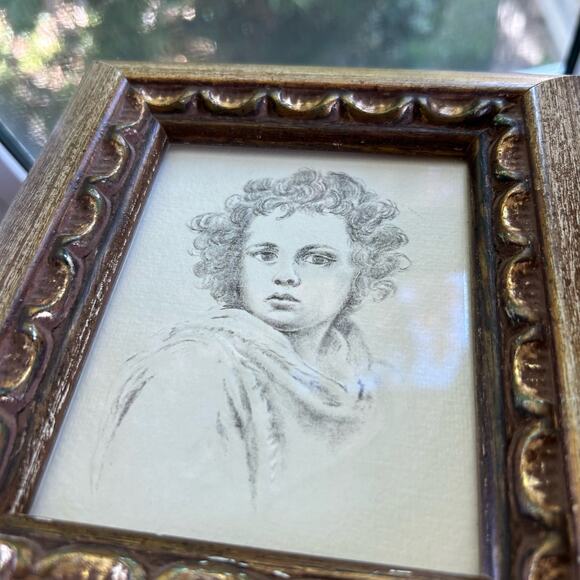 Vintage The Divine Shepherd by Bartolomé Esteban Murillo Framed Pencil Drawing - Picture 6 of 14